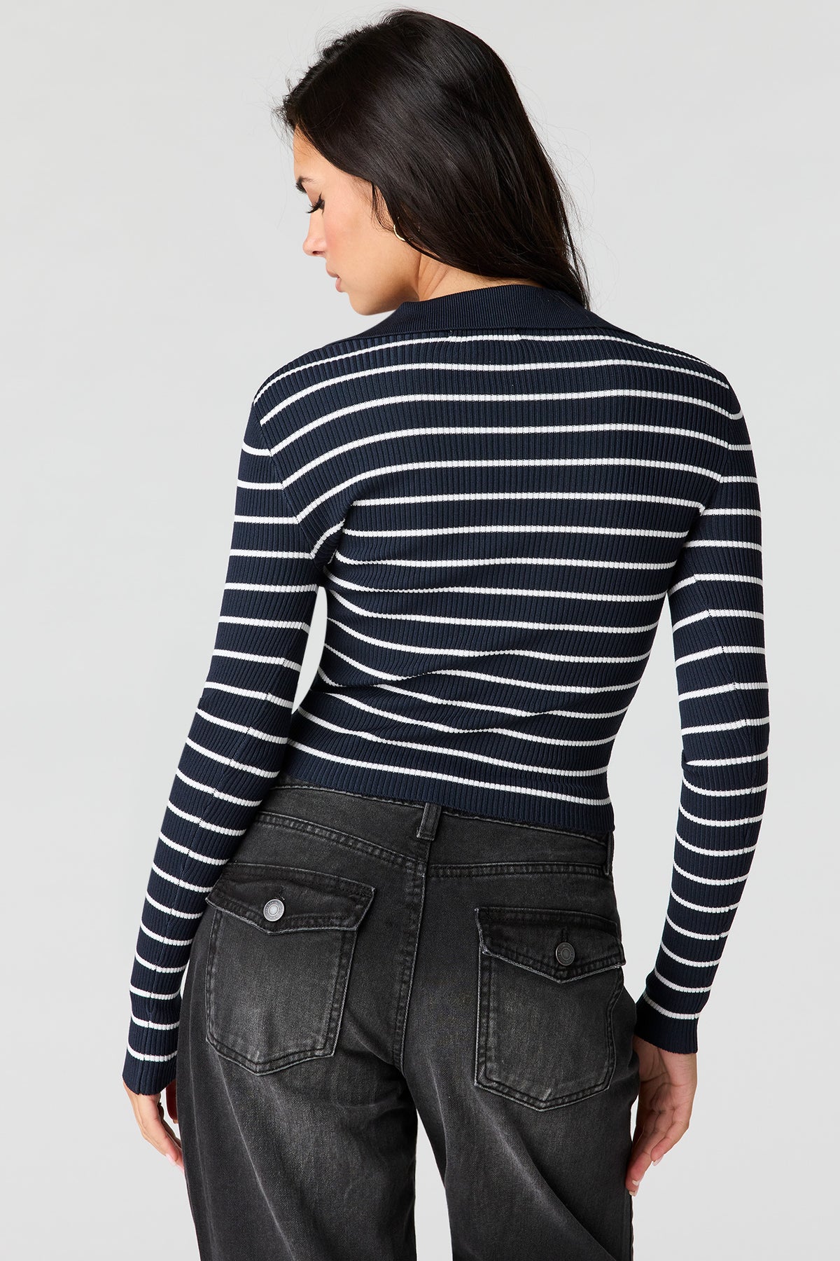 Alt View 2. Striped Ribbed Knit Polo Sweater - Navy