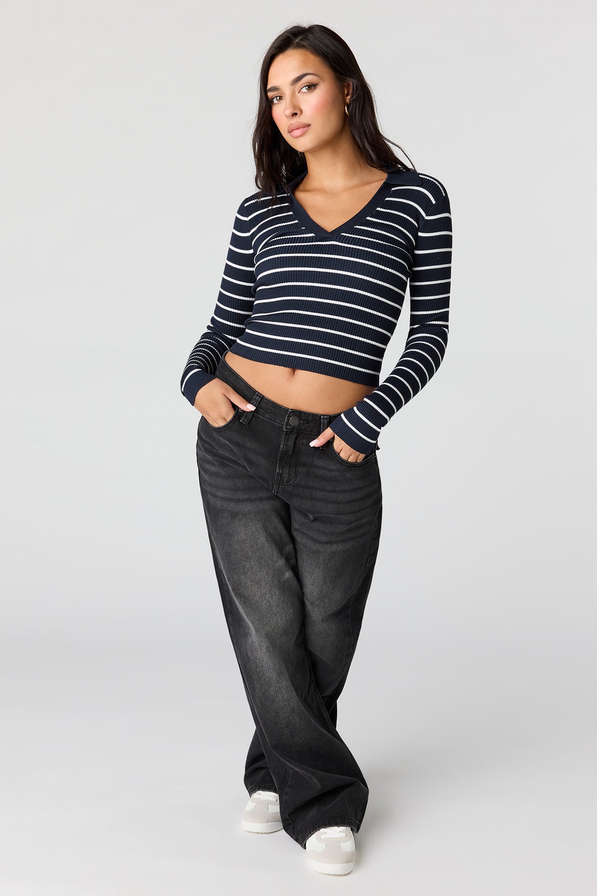 Alt View 3. Striped Ribbed Knit Polo Sweater - Navy