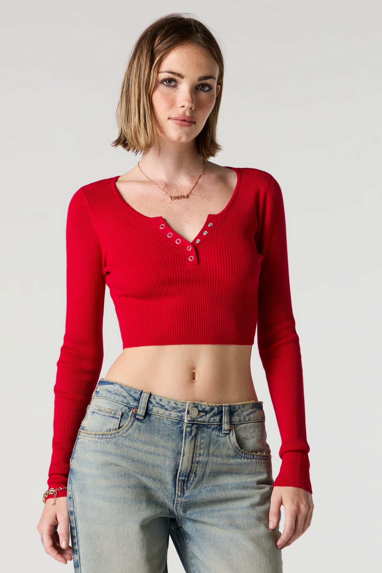 Ribbed Henley Long Sleeve Crop Top