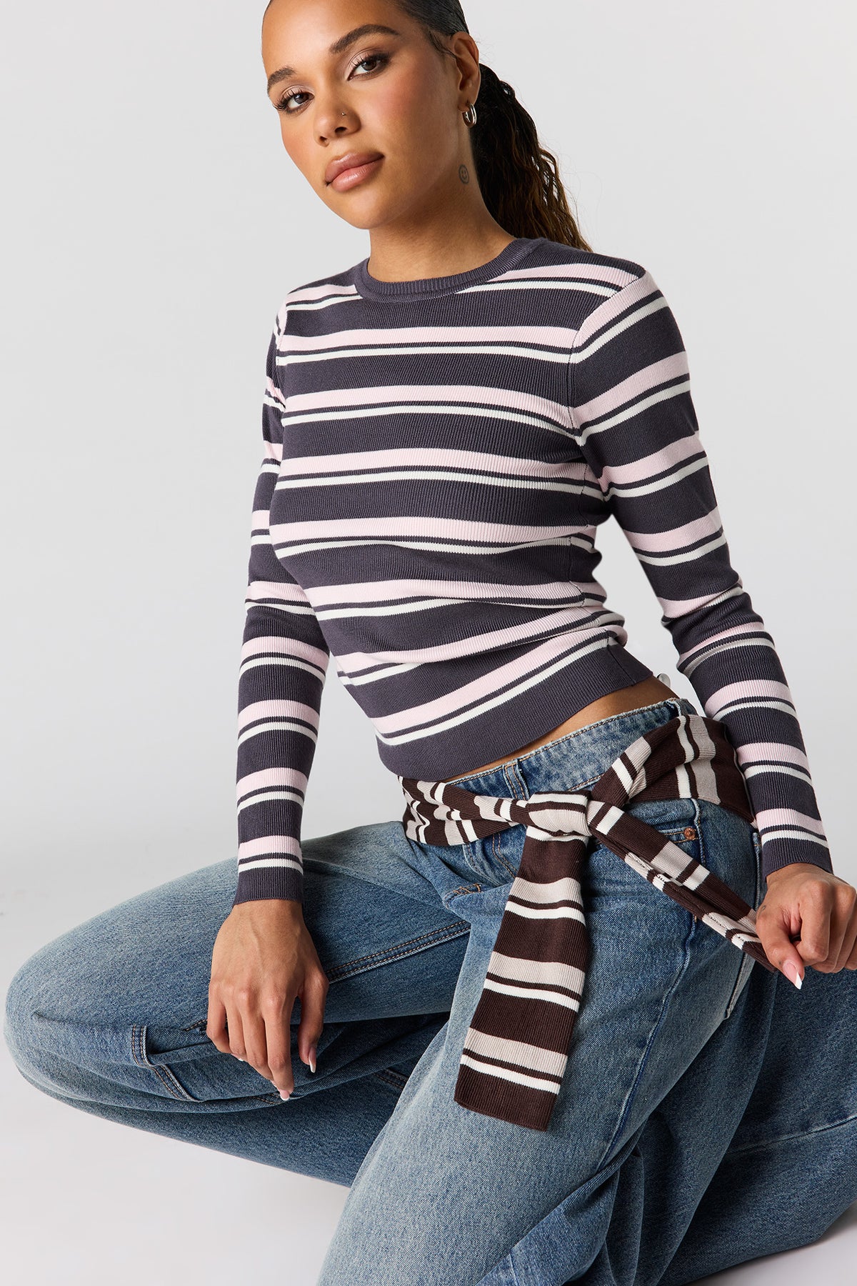 Striped Ribbed Knit Sweater - Solid Black