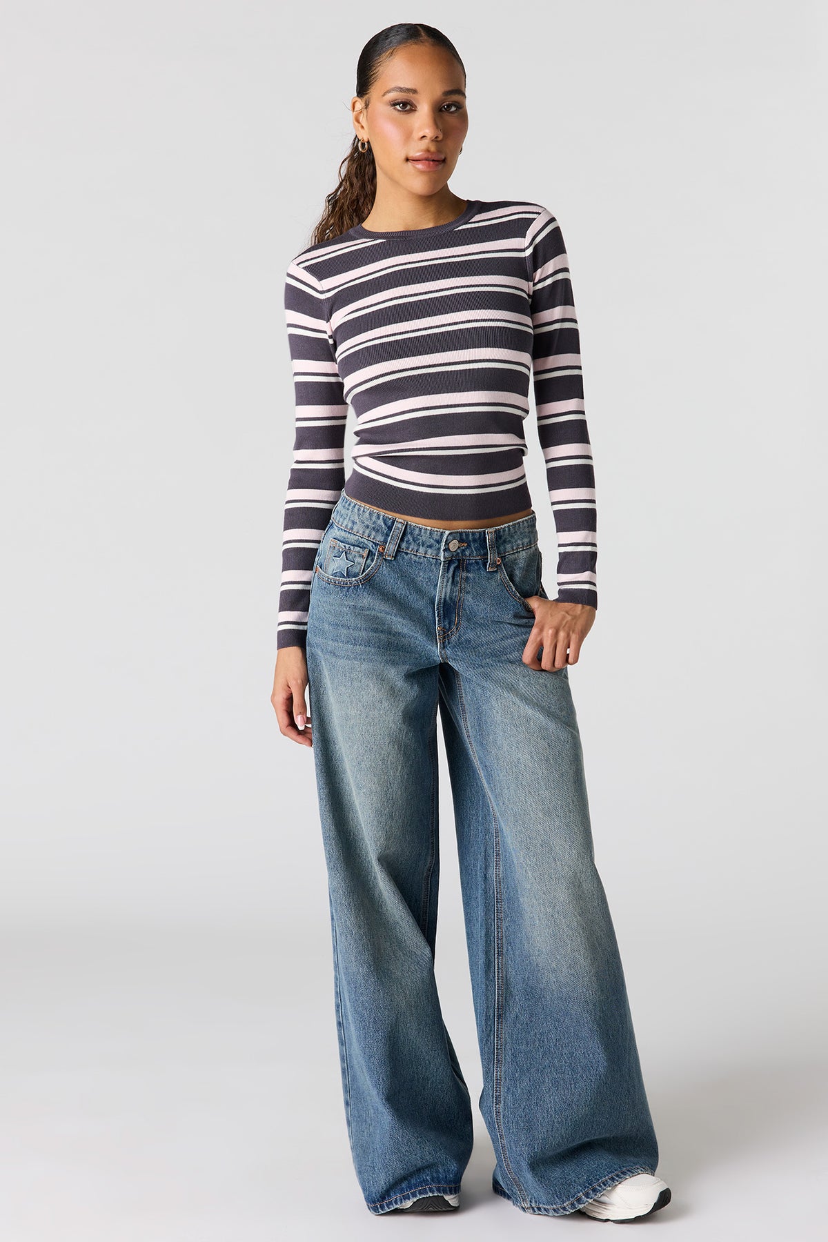 Alt View 3. Striped Ribbed Knit Sweater - Solid Black