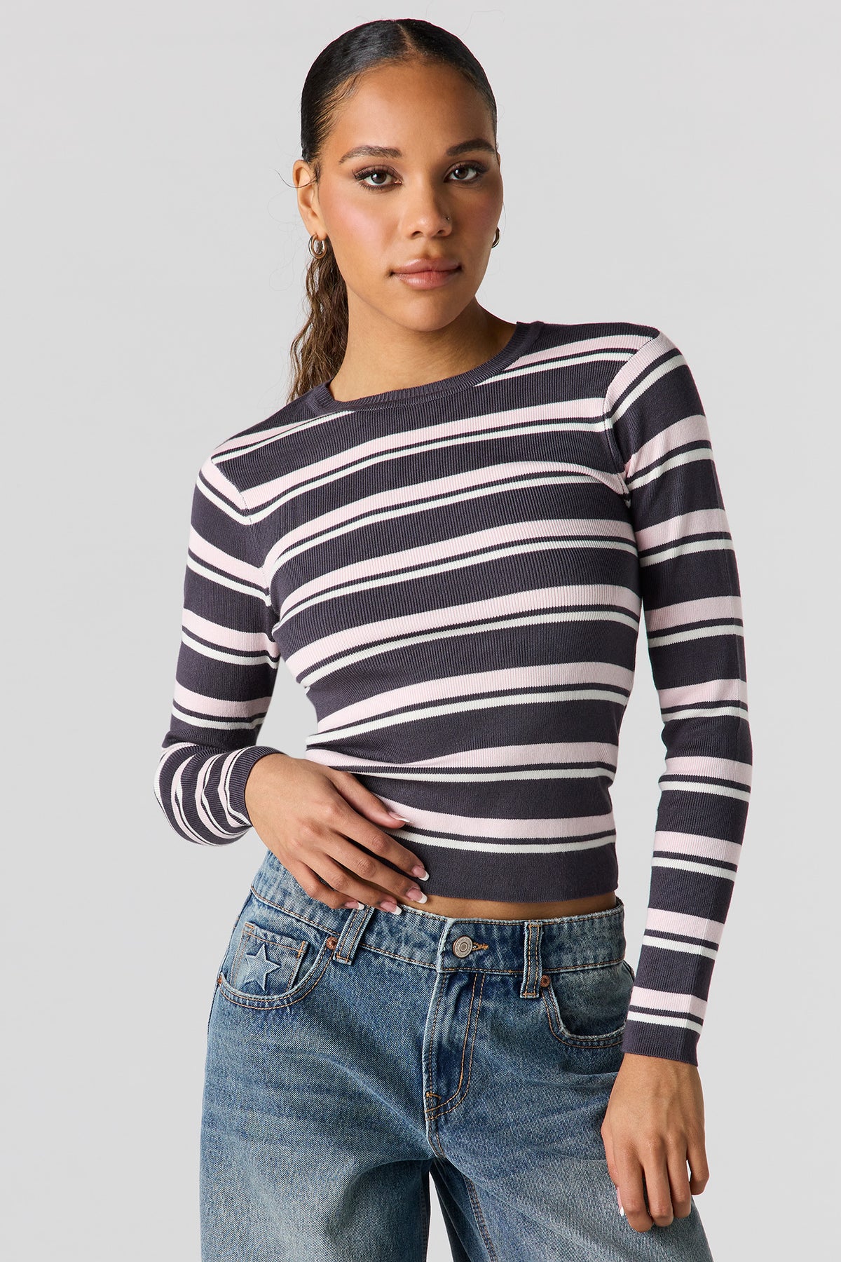 Alt View 4. Striped Ribbed Knit Sweater - Solid Black