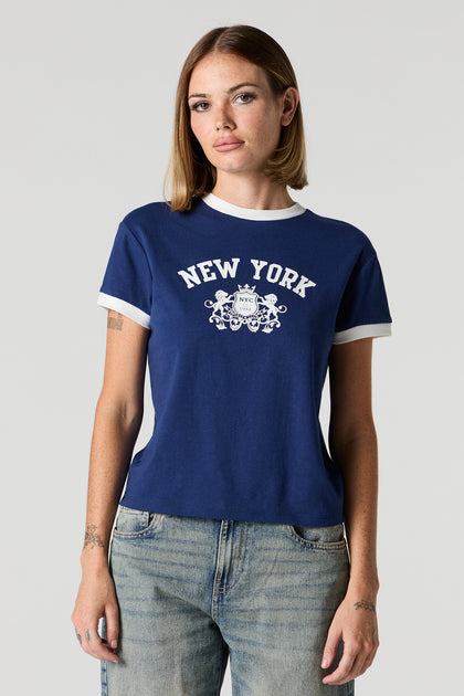 T-shirt sport à liséré contrastant avec imprimé New York