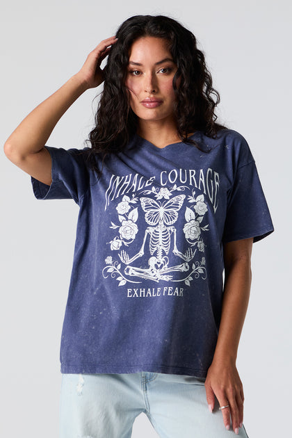 T-shirt de coupe garçonne délavé à imprimé Inhale Courage