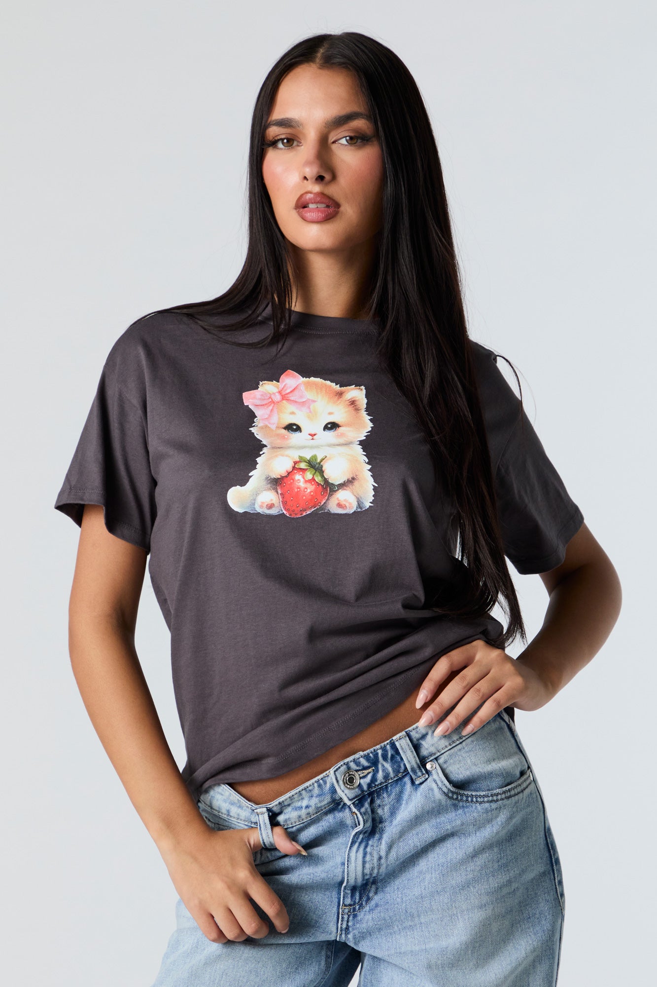 T-shirt de coupe garçonne à imprimé Fraise et chaton