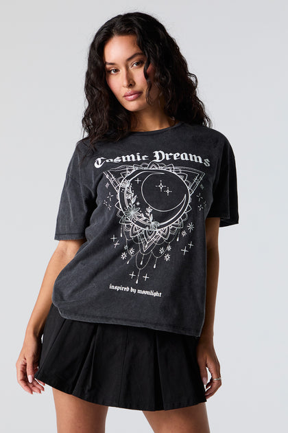 T-shirt de coupe garçonne délavé à imprimé Cosmic Dreams