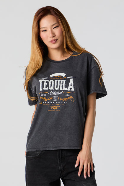 T-shirt de coupe garçonne délavé à imprimé Tequila