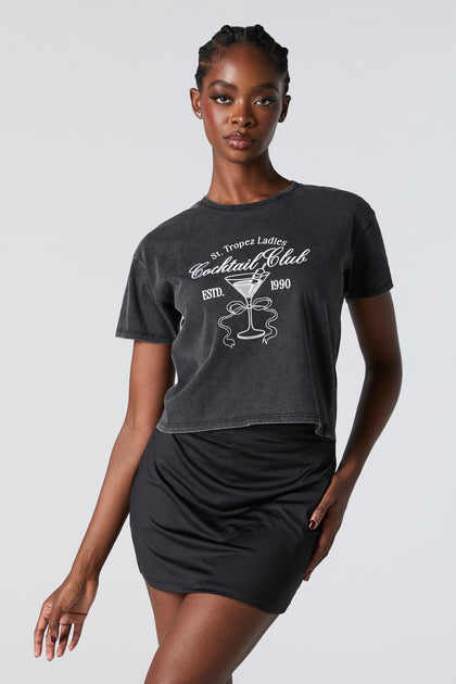 Cocktail Club Graphic Washed Cropped T-Shirt