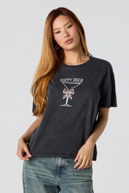 T-shirt de coupe garçonne délavé à imprimé Happy Hour