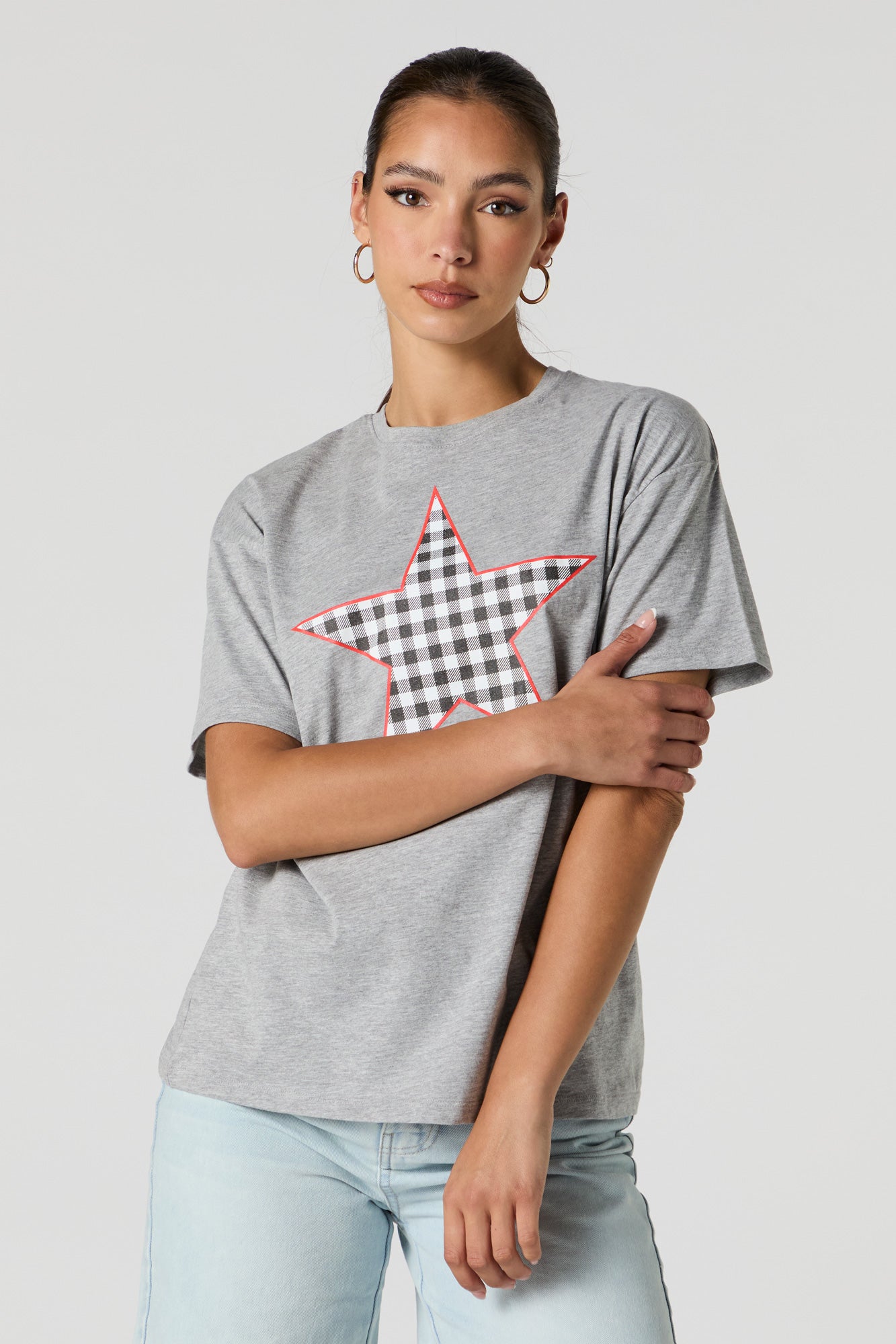 Checkered Star Graphic Boyfriend T-Shirt