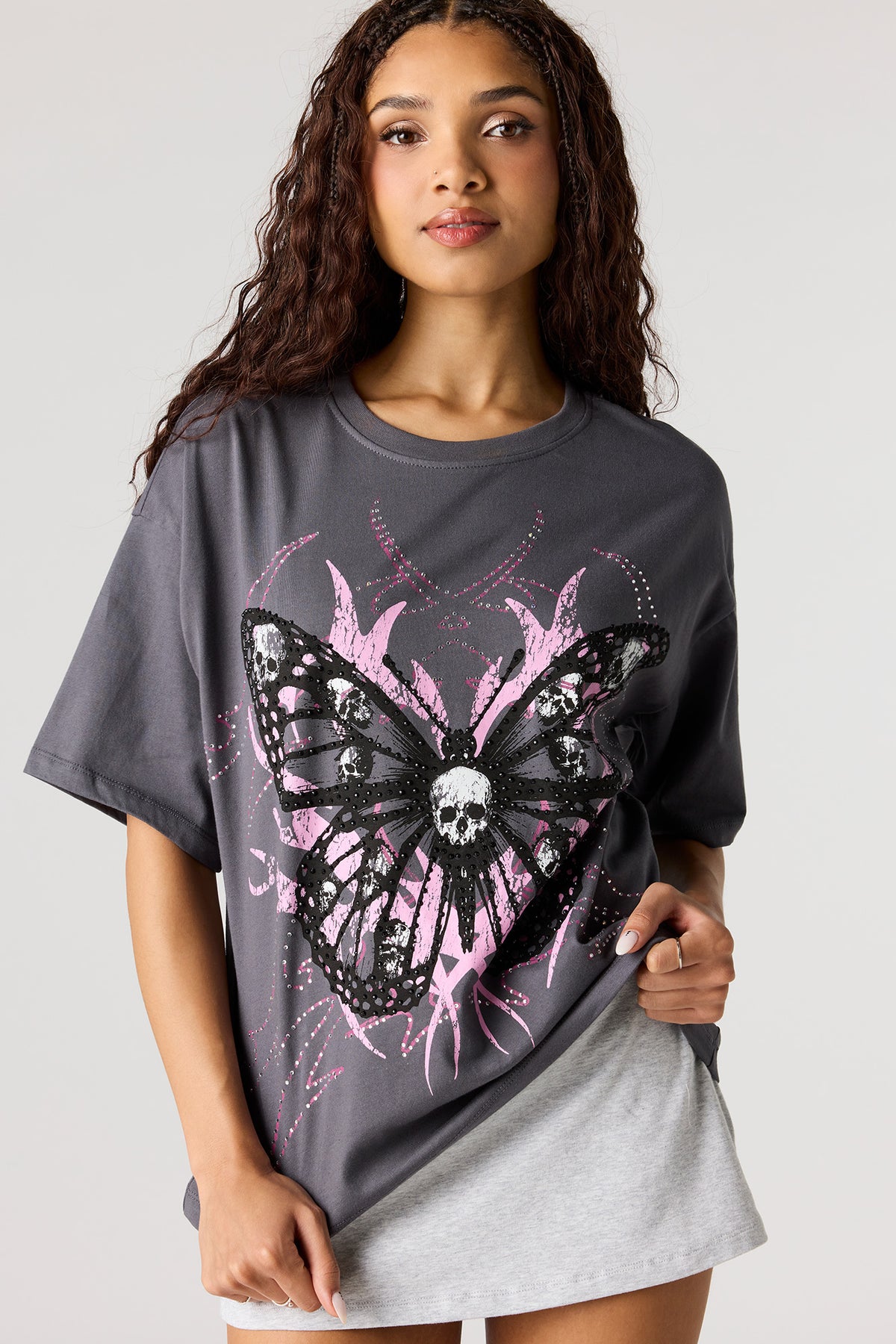 Rhinestone Graphic Boyfriend T-Shirt - Charcoal