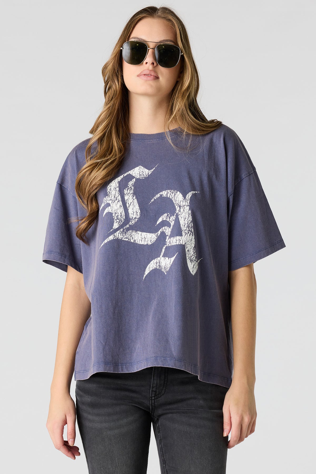 Washed Graphic Boyfriend T-Shirt - Navy