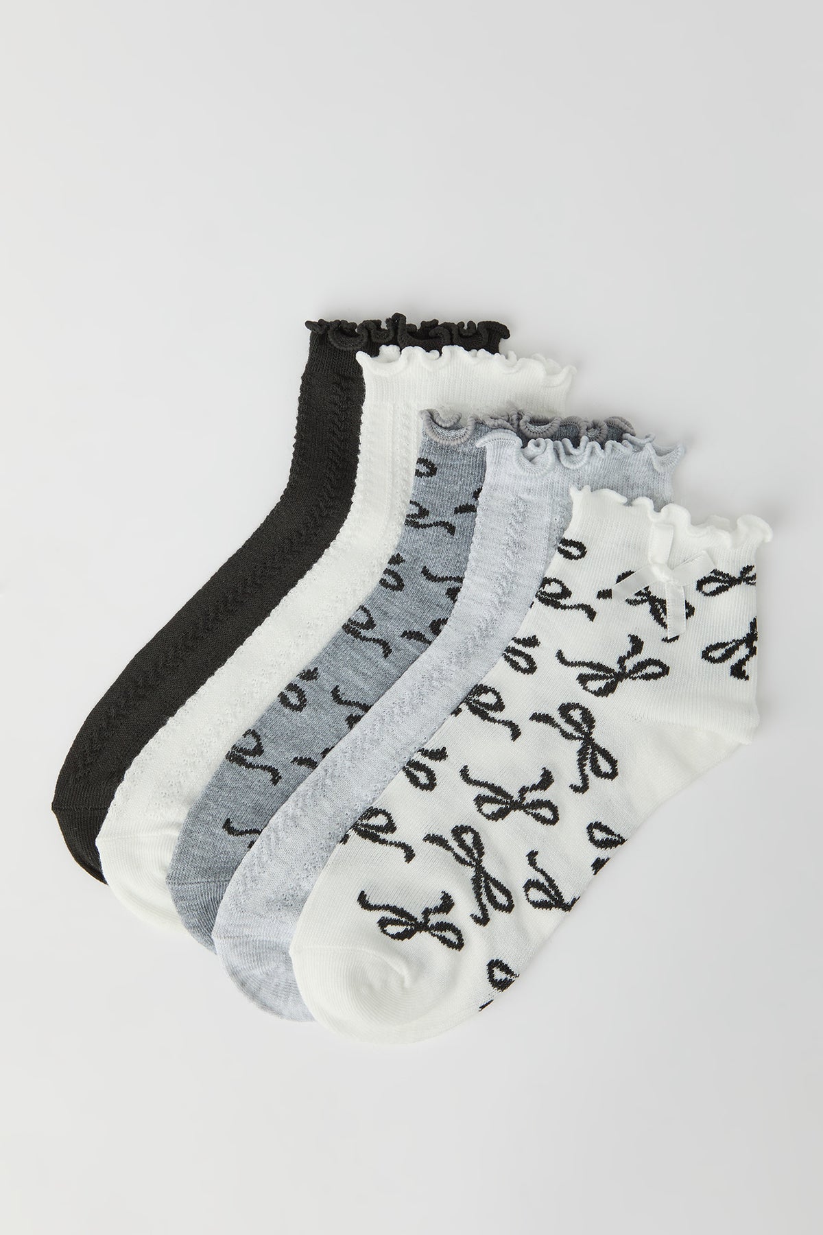 Bow Ruffle Socks (5 Pack) - Black with White