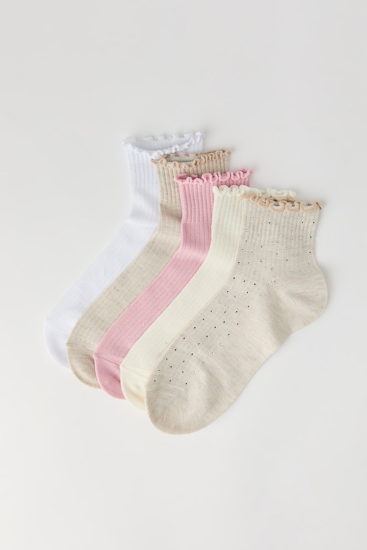 Rhinestone Ruffle Socks (5 Pack) - Oatmeal