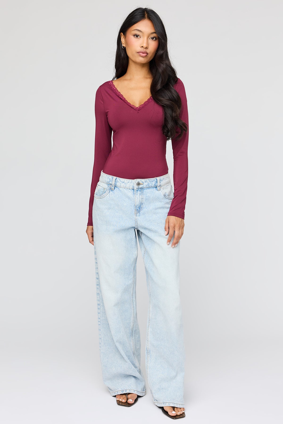 Alt View 3. Luxe Heavy Contour V-Neck Bodysuit - Burgundy