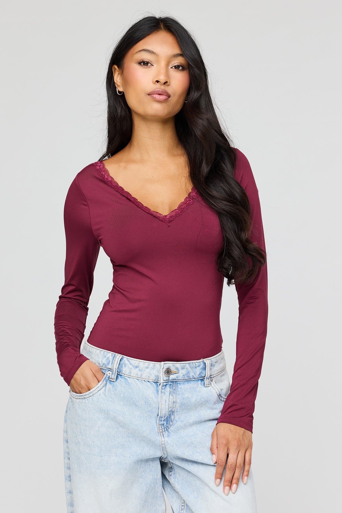 Luxe Heavy Contour V-Neck Bodysuit - Burgundy