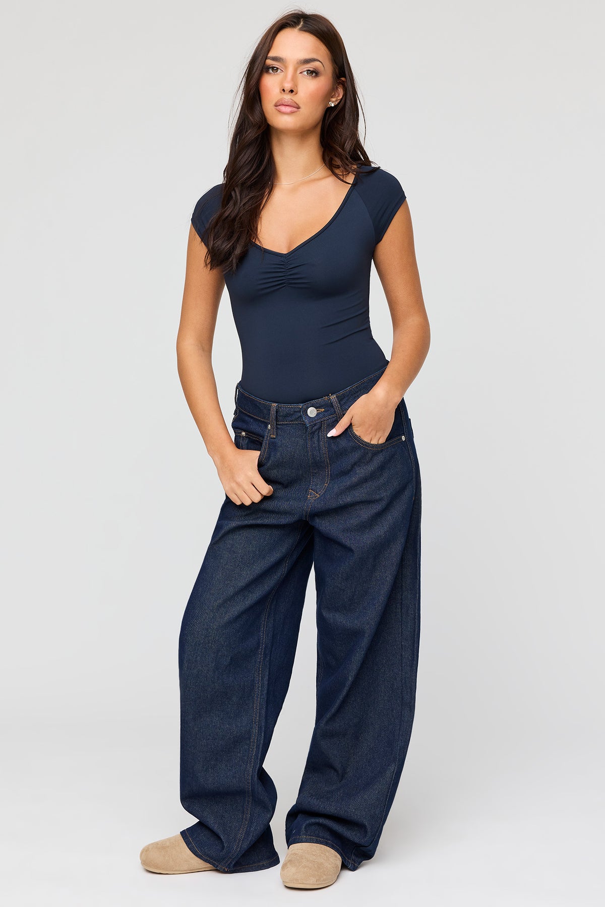 Alt View 3. Luxe Heavy Contour V-Neck Bodysuit - Navy