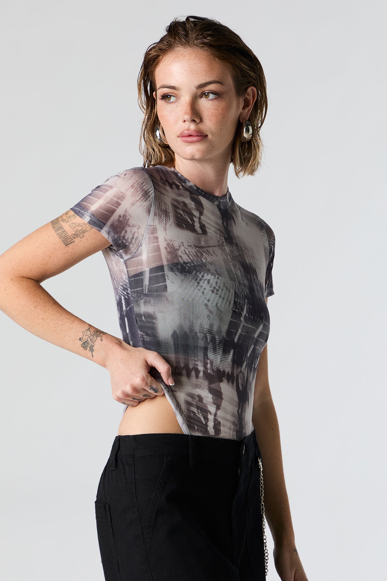 Abstract Print Mesh Short Sleeve Bodysuit