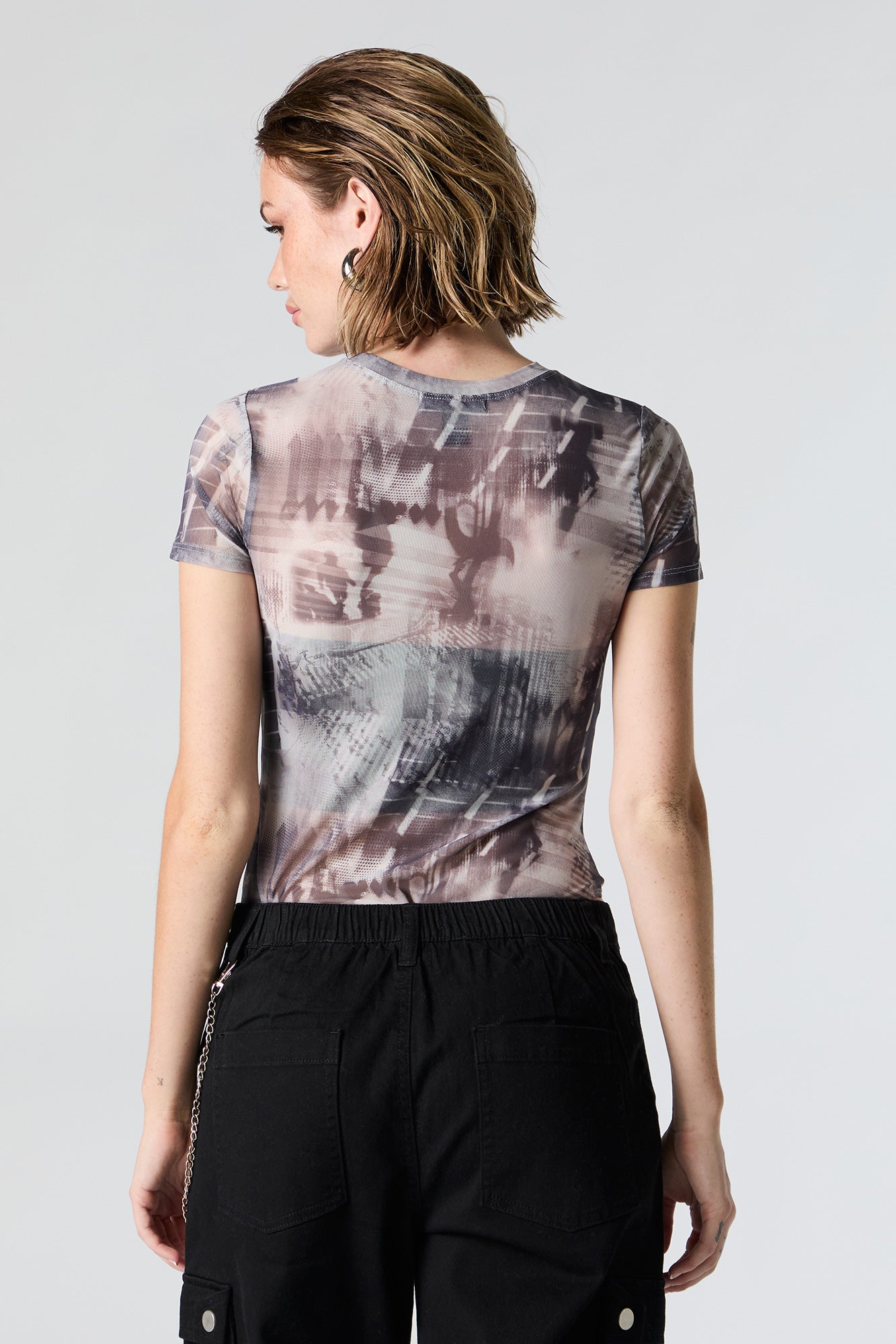 Abstract Print Mesh Short Sleeve Bodysuit