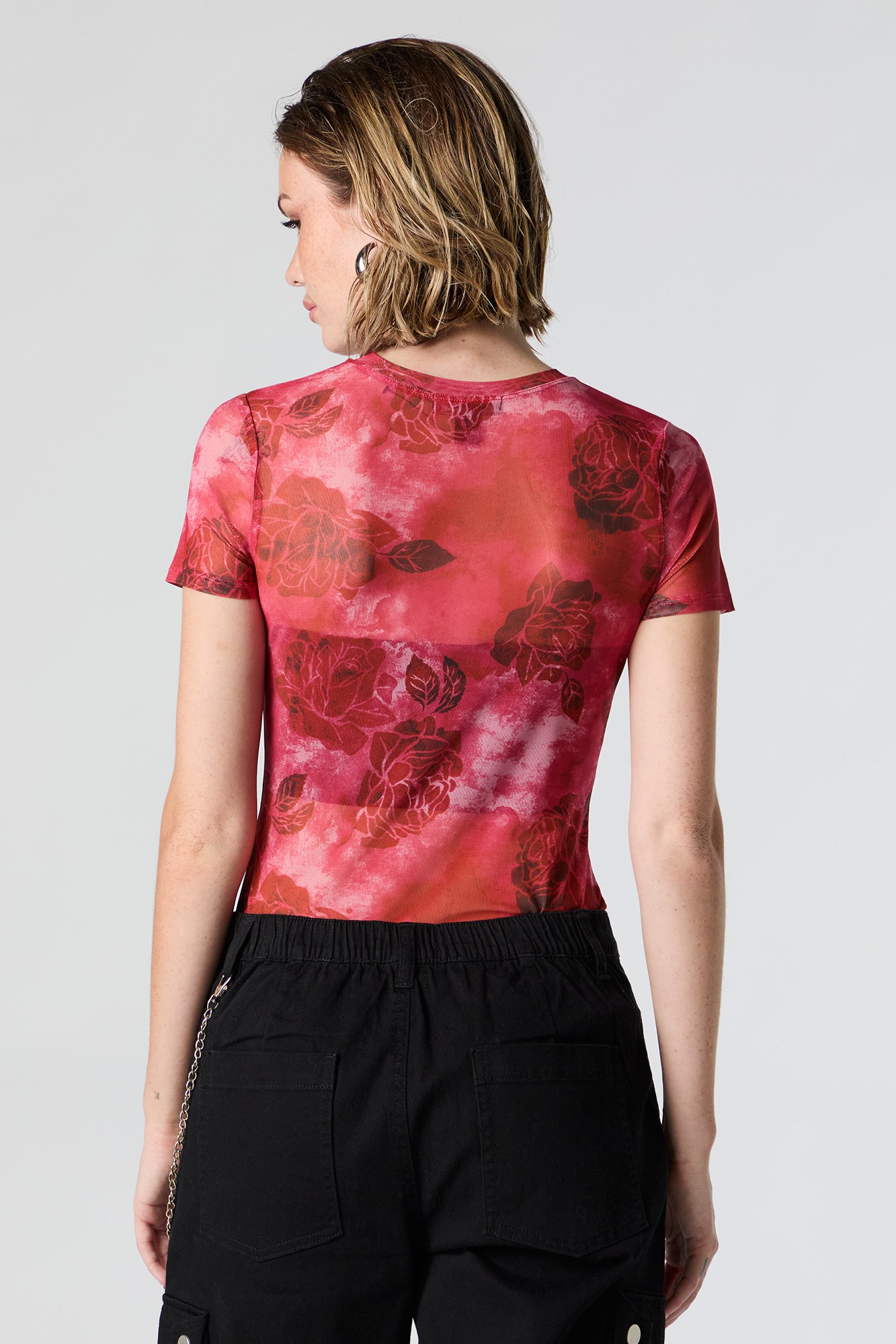 Floral Print Mesh Short Sleeve Bodysuit