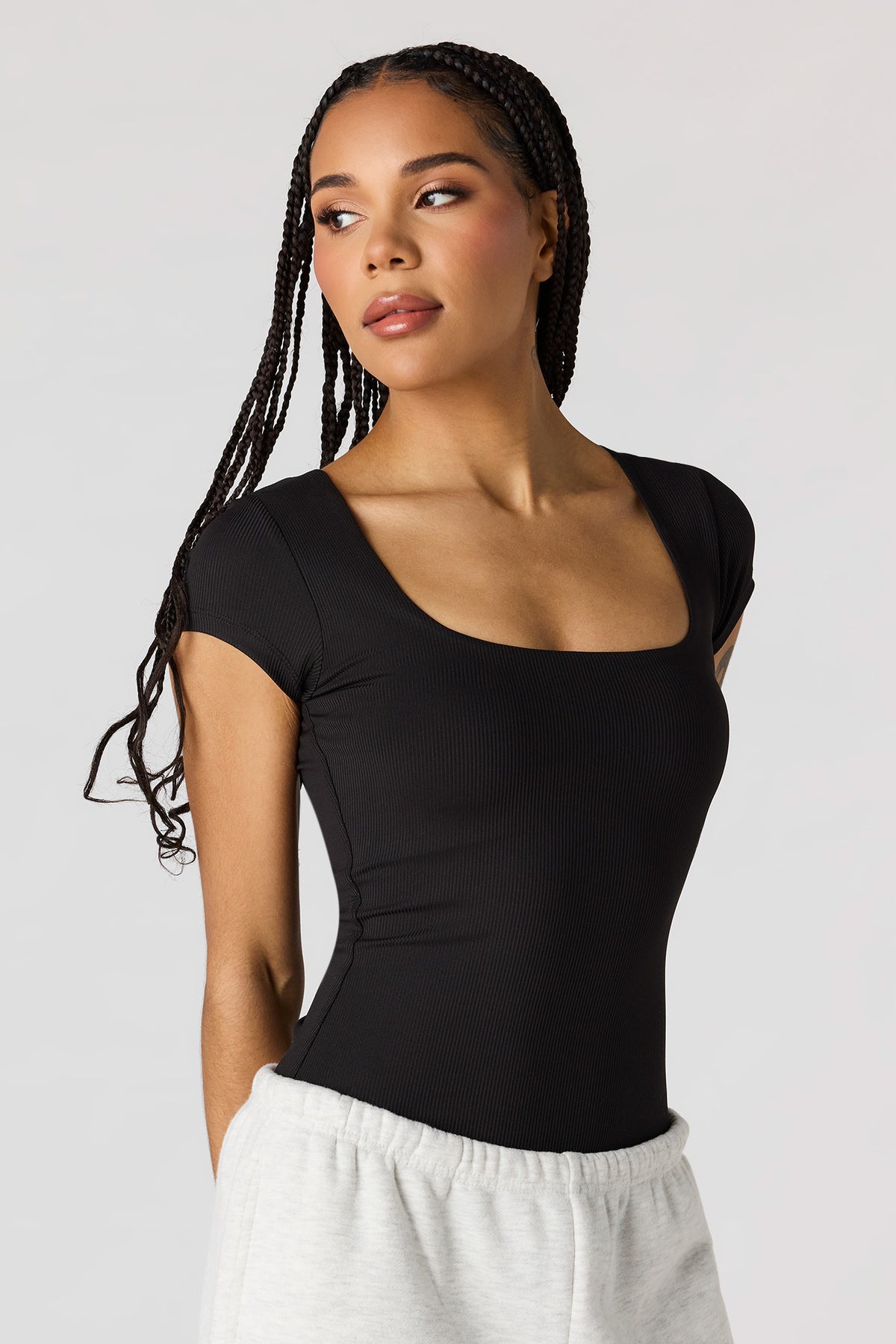 Contour Ribbed Square Neck Bodysuit - Black