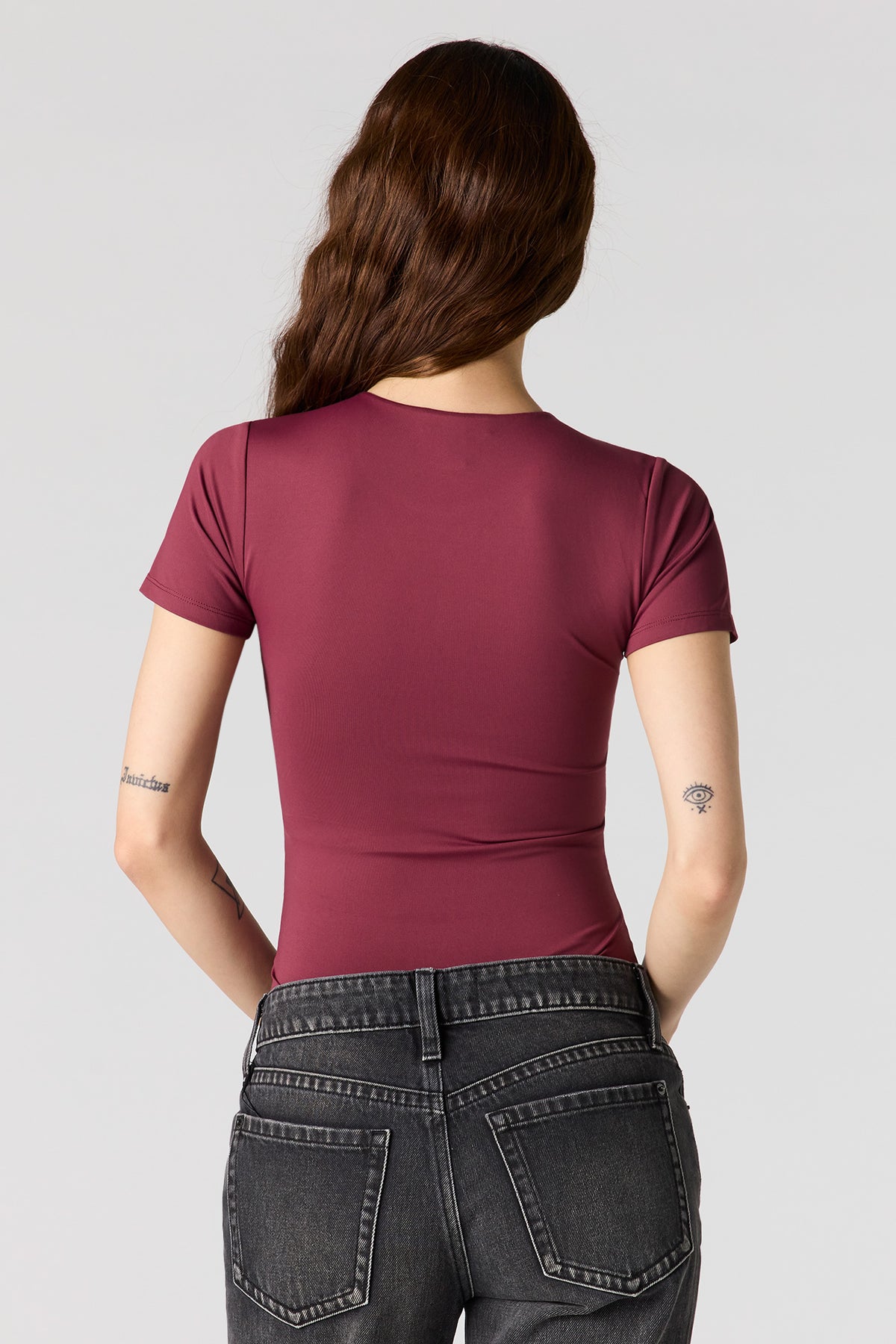 Alt View 2. Contour Crewneck Short Sleeve Bodysuit - Burgundy