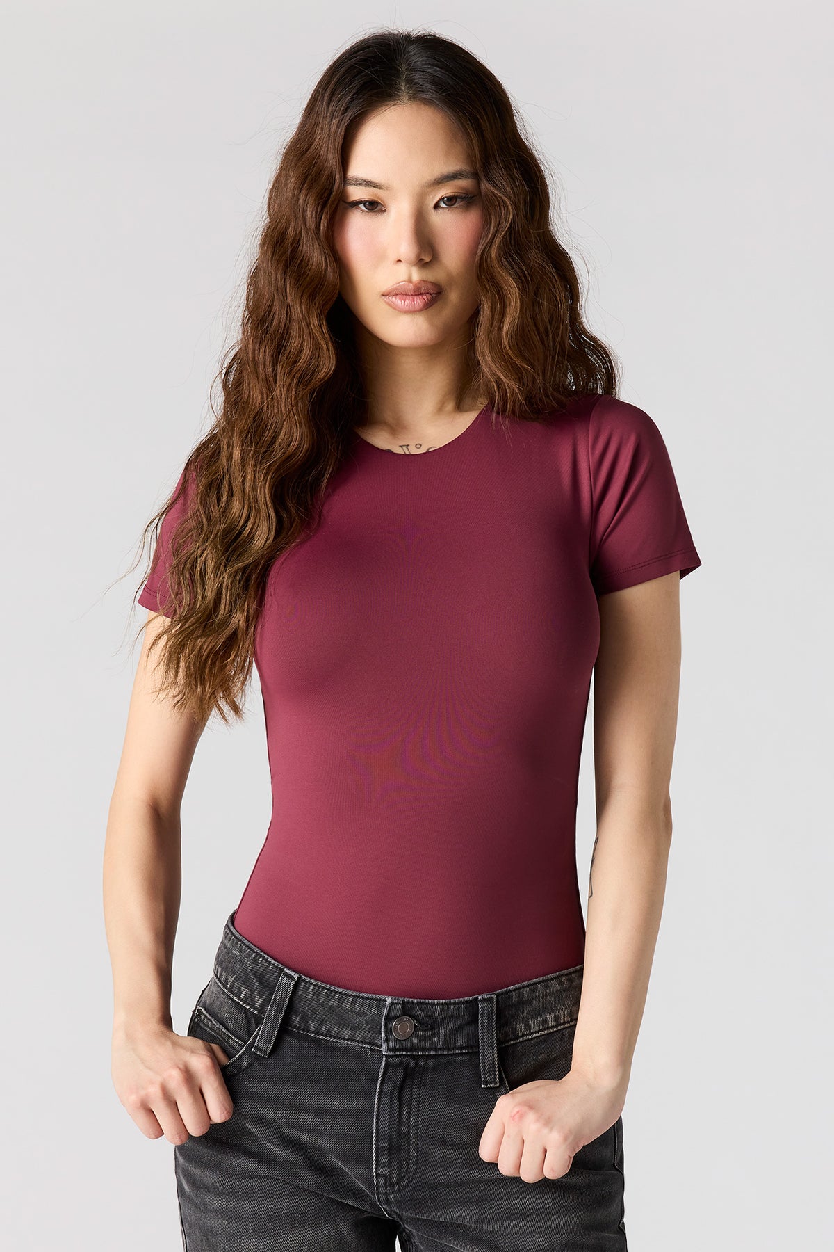 Contour Crewneck Short Sleeve Bodysuit - Burgundy