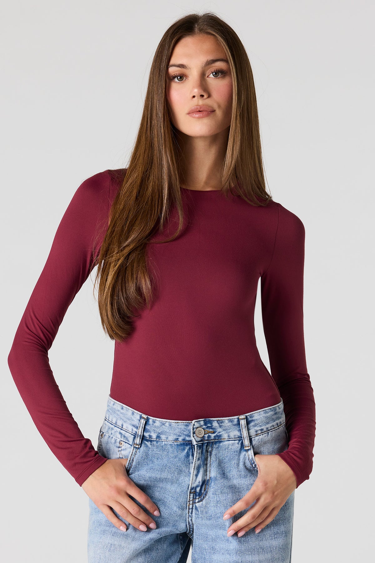 Luxe Heavy Contour Long Sleeve Bodysuit - Burgundy
