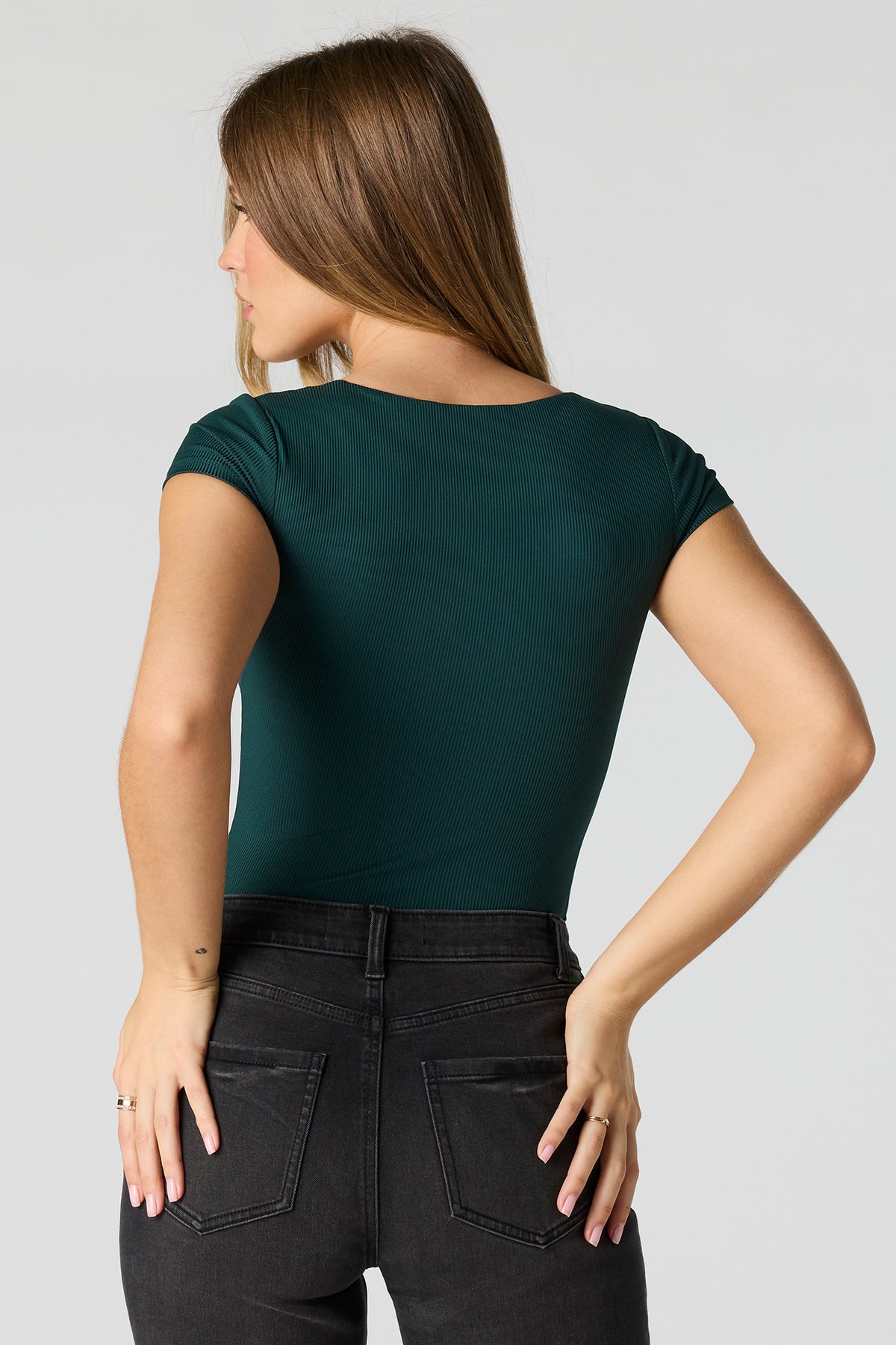 Alt View 2. Contour Ribbed Square Neck Bodysuit - Hunter Green
