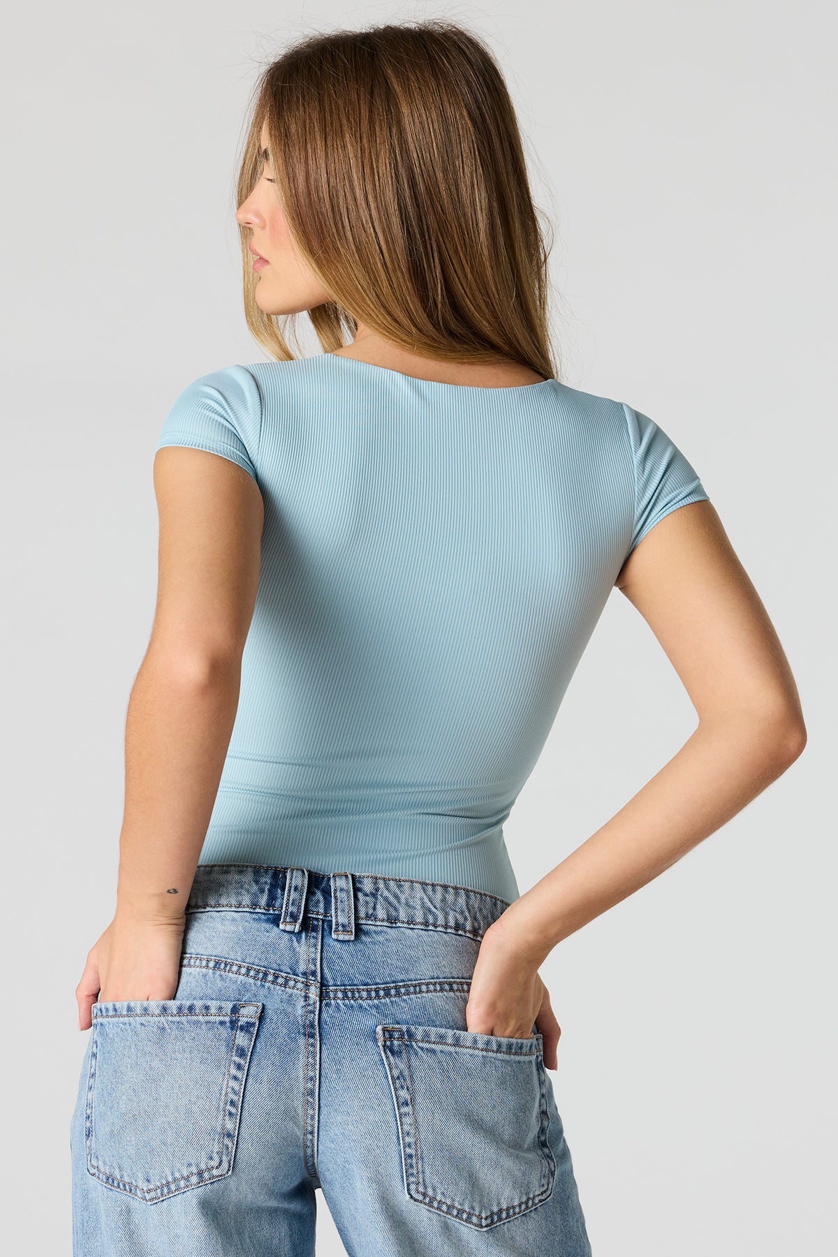 Alt View 2. Contour Ribbed Square Neck Bodysuit - Light Blue