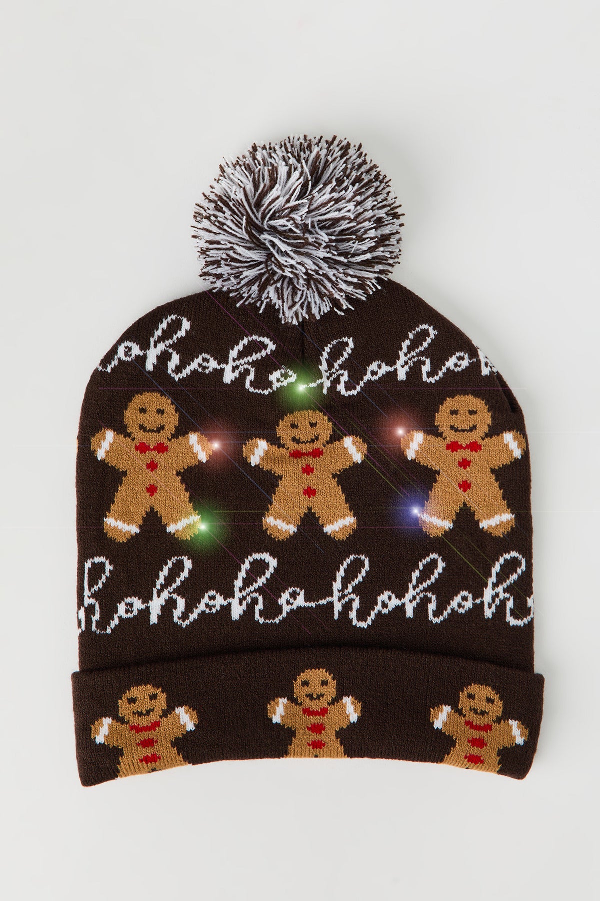 Light Up Pom Christmas Beanie - Brown