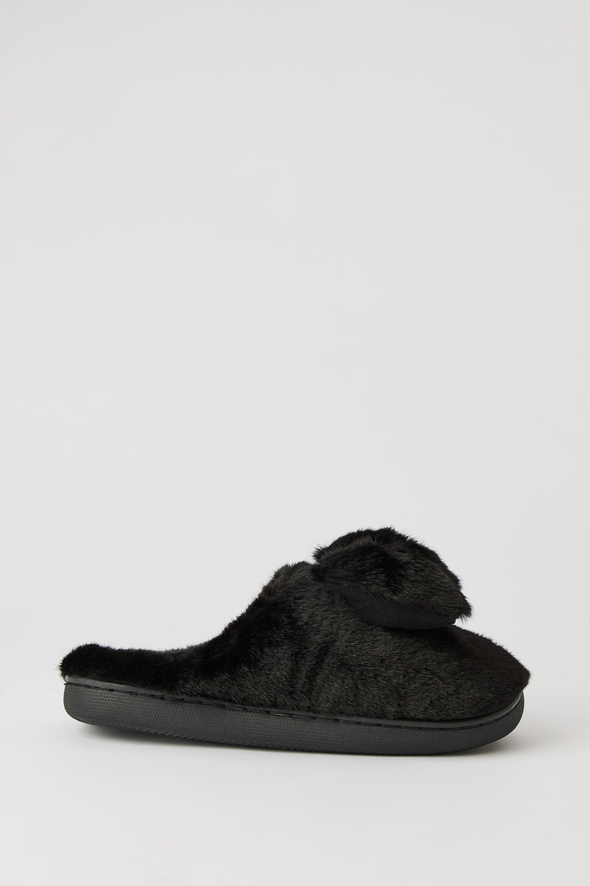 Faux Fur Bow Slippers - Black