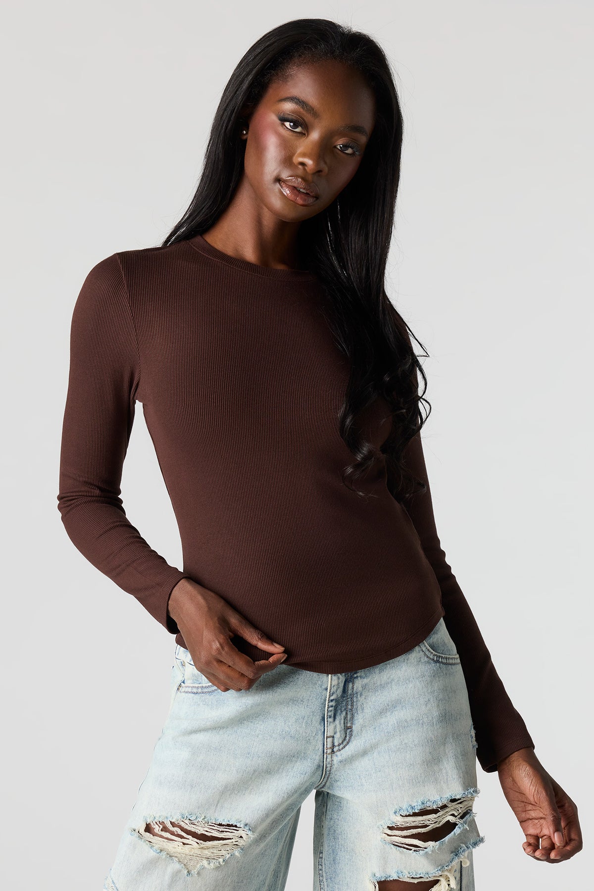 Ribbed Long Sleeve Top - Brown