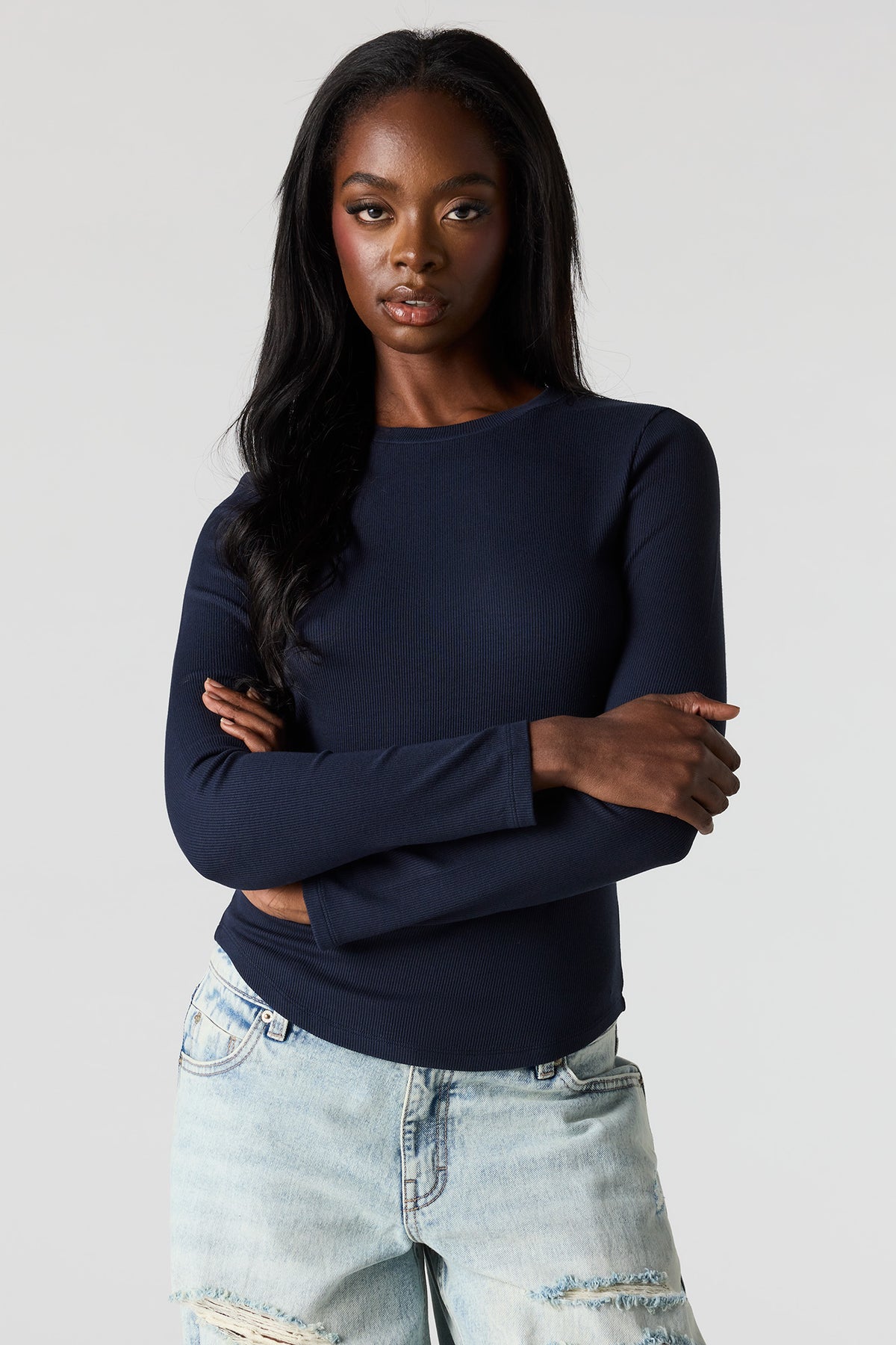 Ribbed Long Sleeve Top - Navy