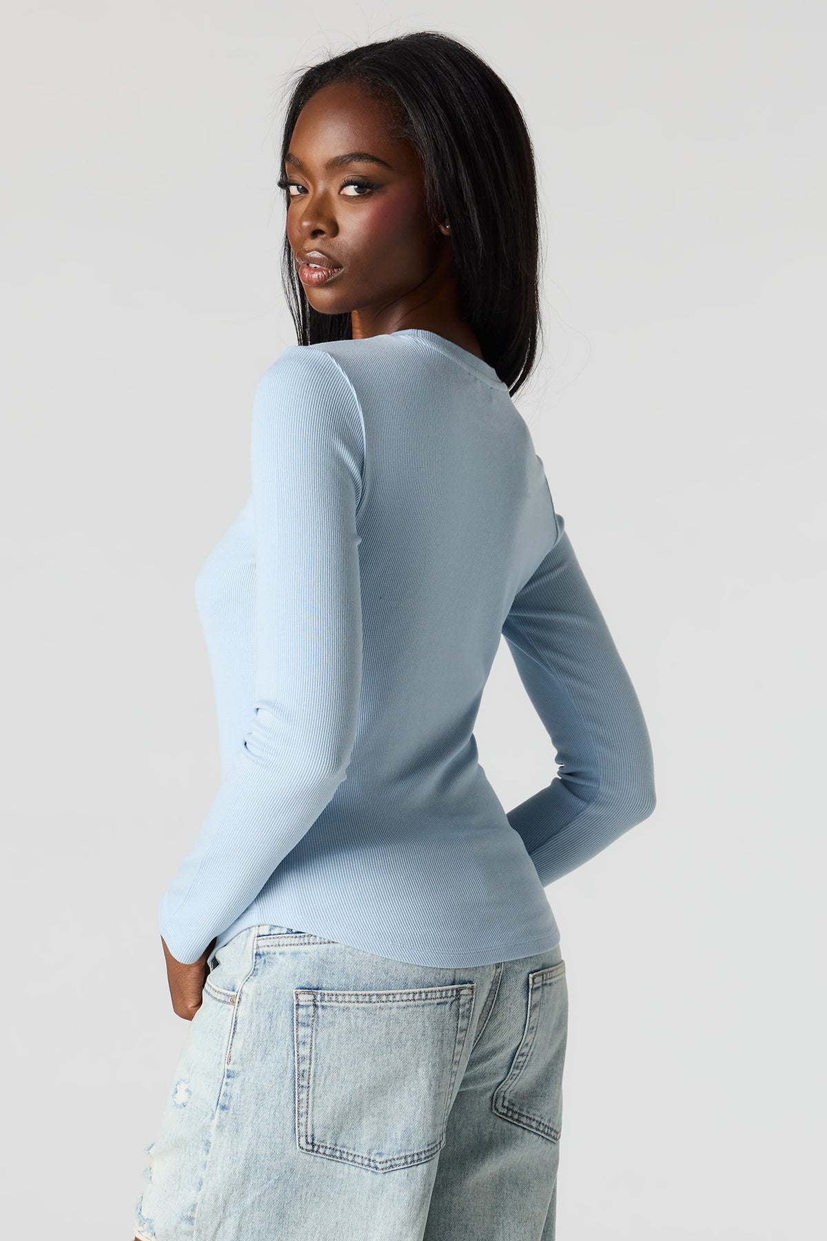 Alt View 2. Ribbed Long Sleeve Top - Light Blue
