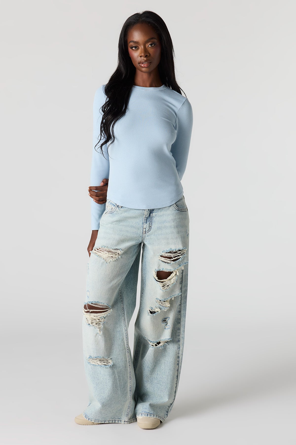 Alt View 3. Ribbed Long Sleeve Top - Light Blue