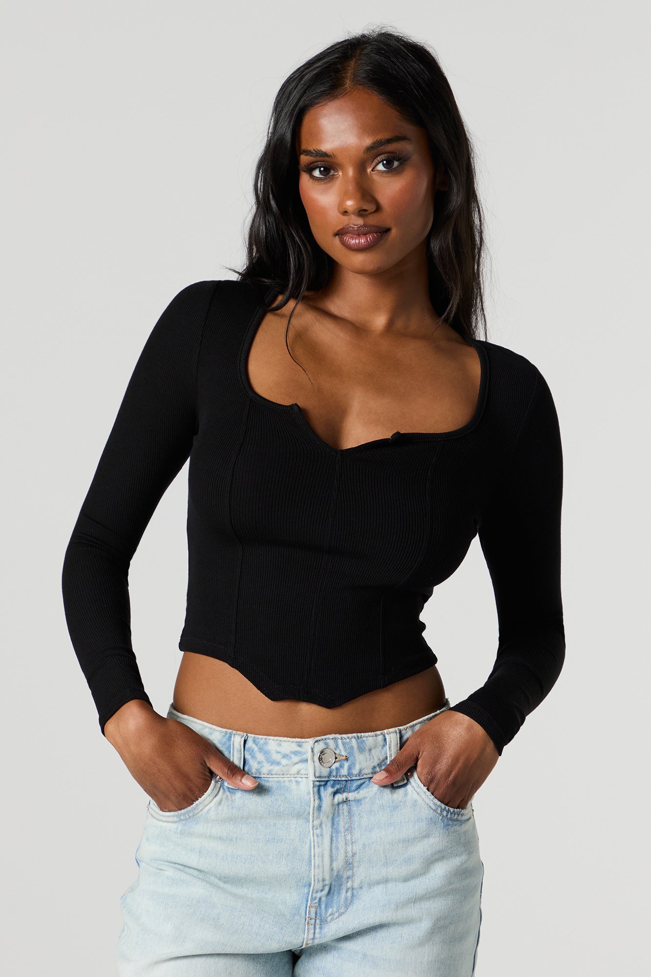 Ribbed Corset Long Sleeve Top