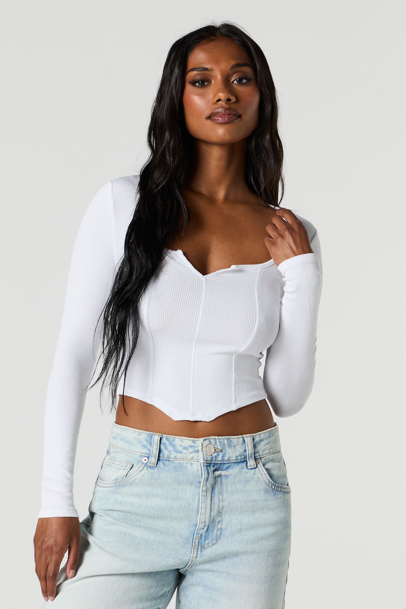 Ribbed Corset Long Sleeve Top