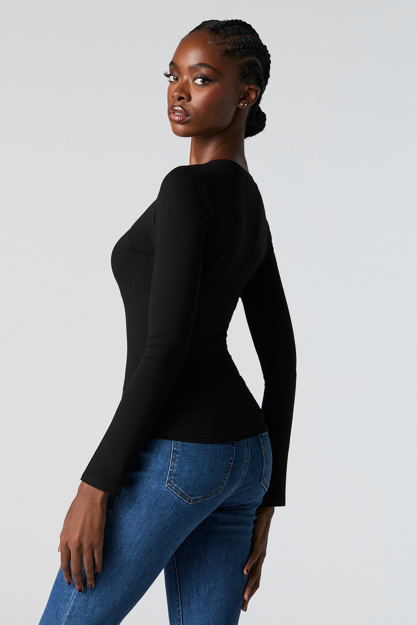 Ribbed V-Neck Long Sleeve Top