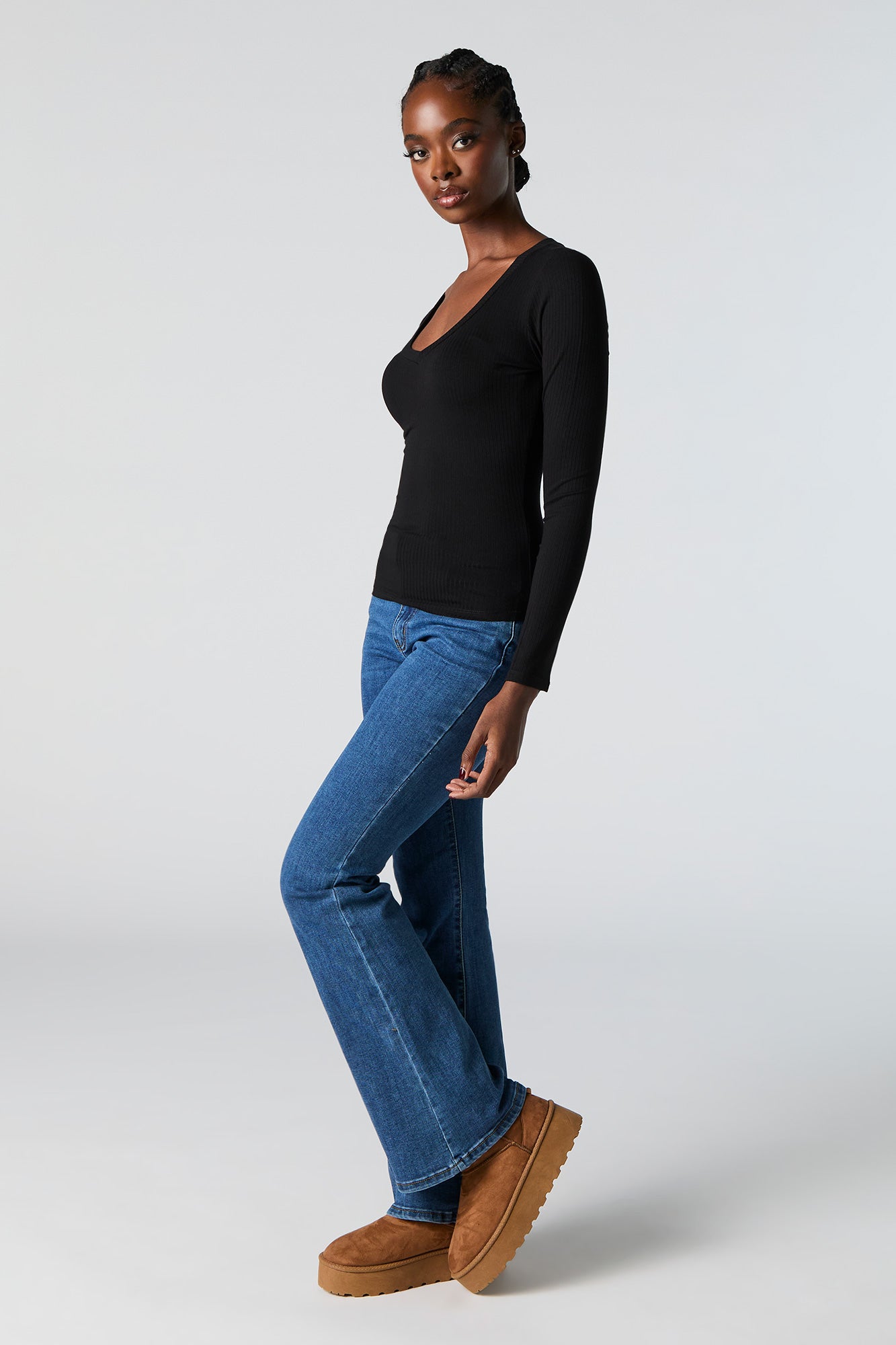 Ribbed V-Neck Long Sleeve Top