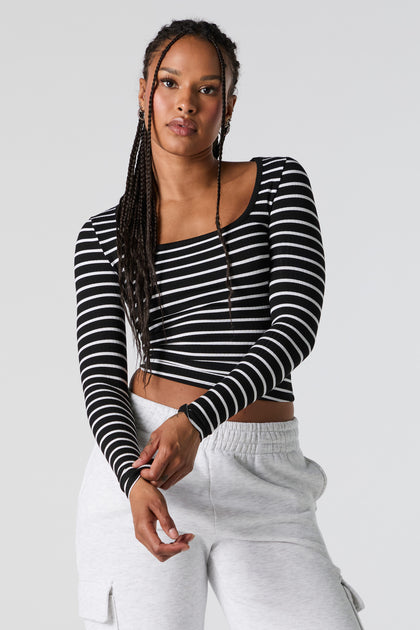 Ribbed Square Neck Long Sleeve Top