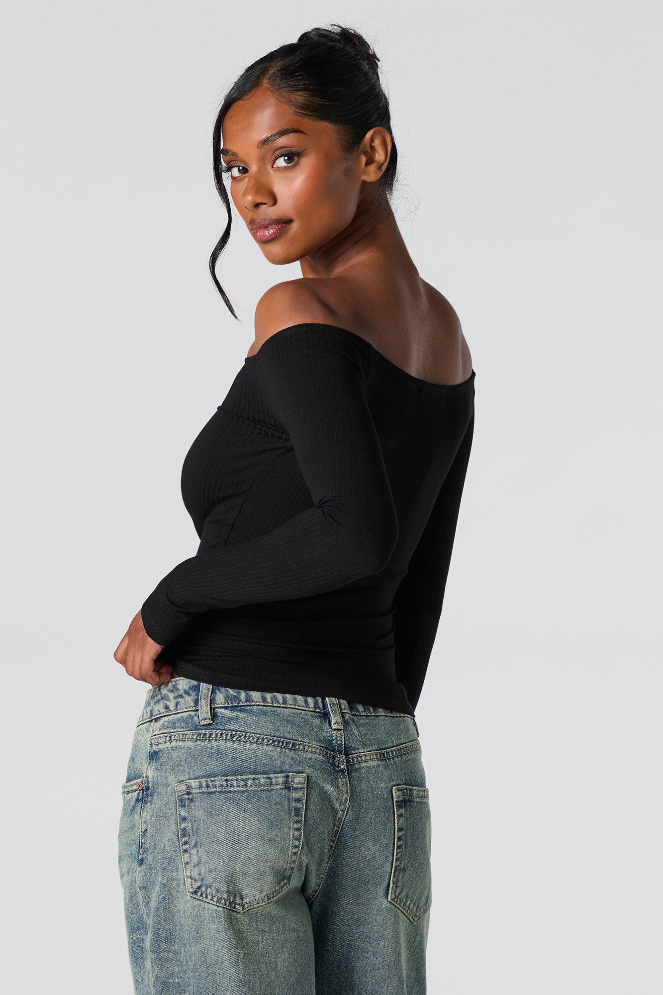 Ribbed Off Shoulder Long Sleeve Top