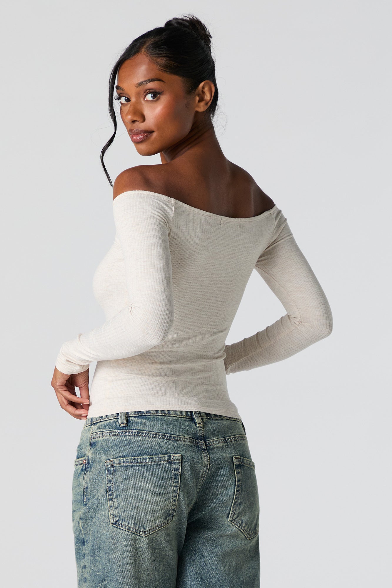 Ribbed Off Shoulder Long Sleeve Top