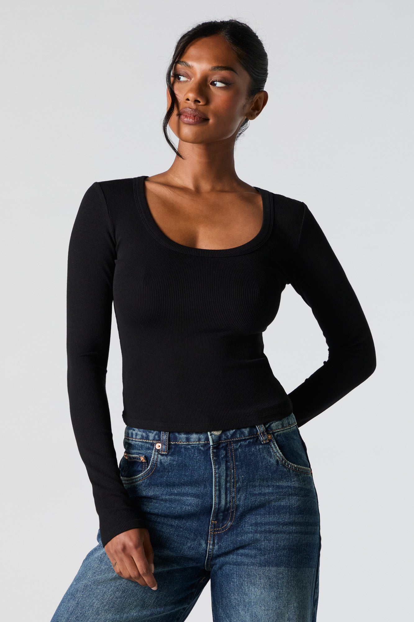 Ribbed Scoop Neck Long Sleeve Top