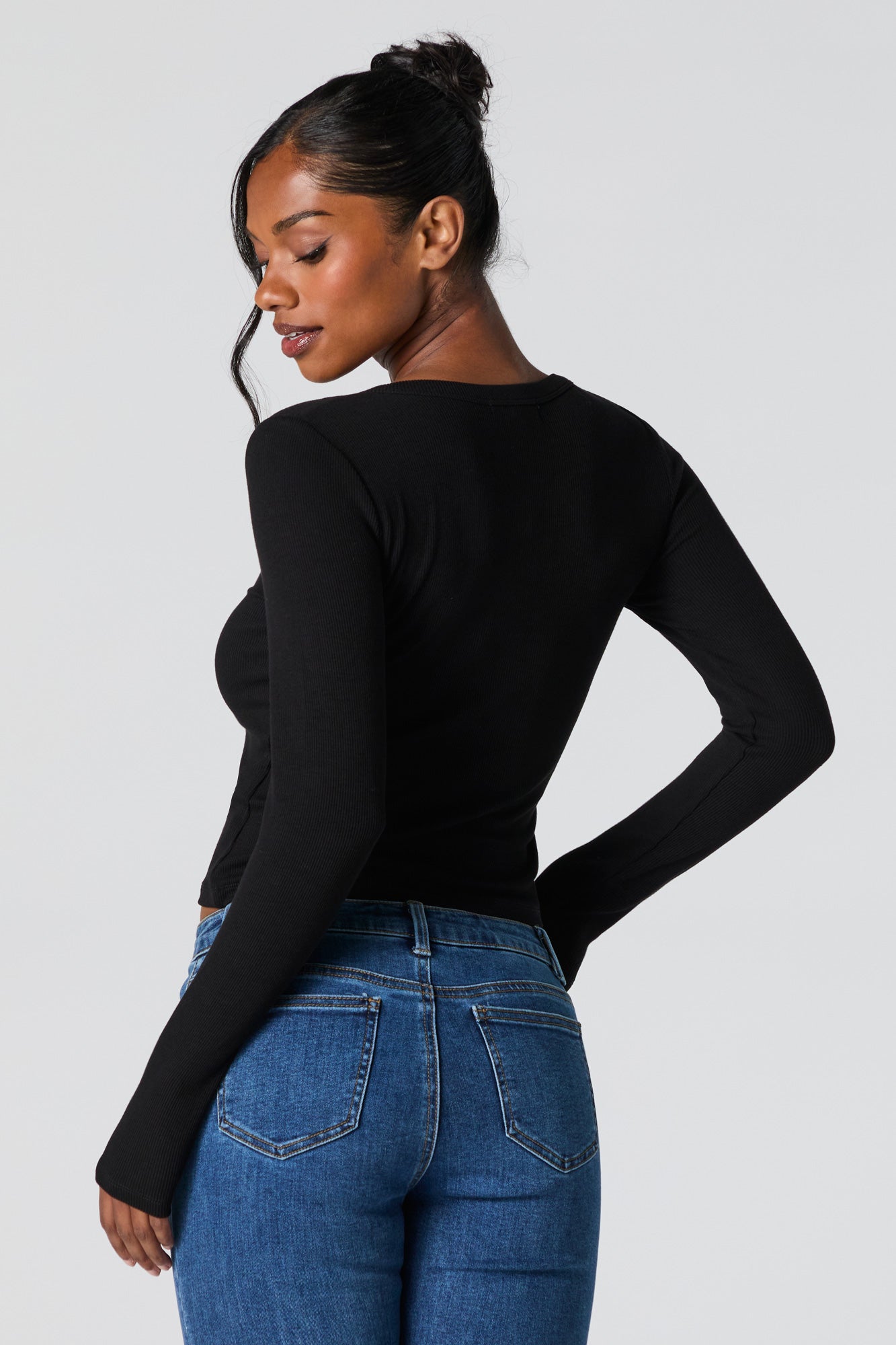 Ribbed Henley Long Sleeve Top