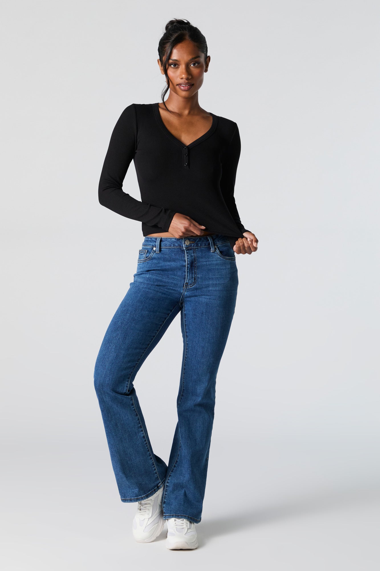 Ribbed Henley Long Sleeve Top