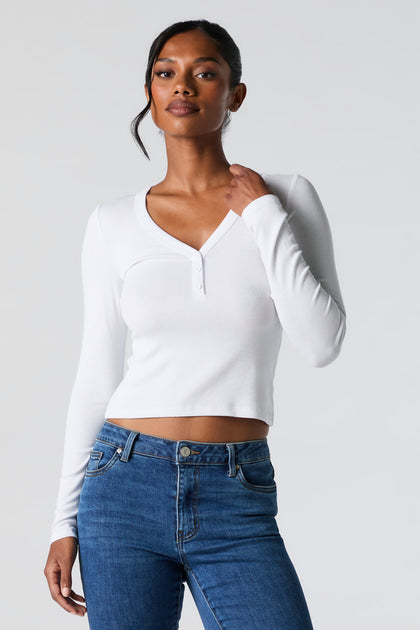 Ribbed Henley Long Sleeve Top