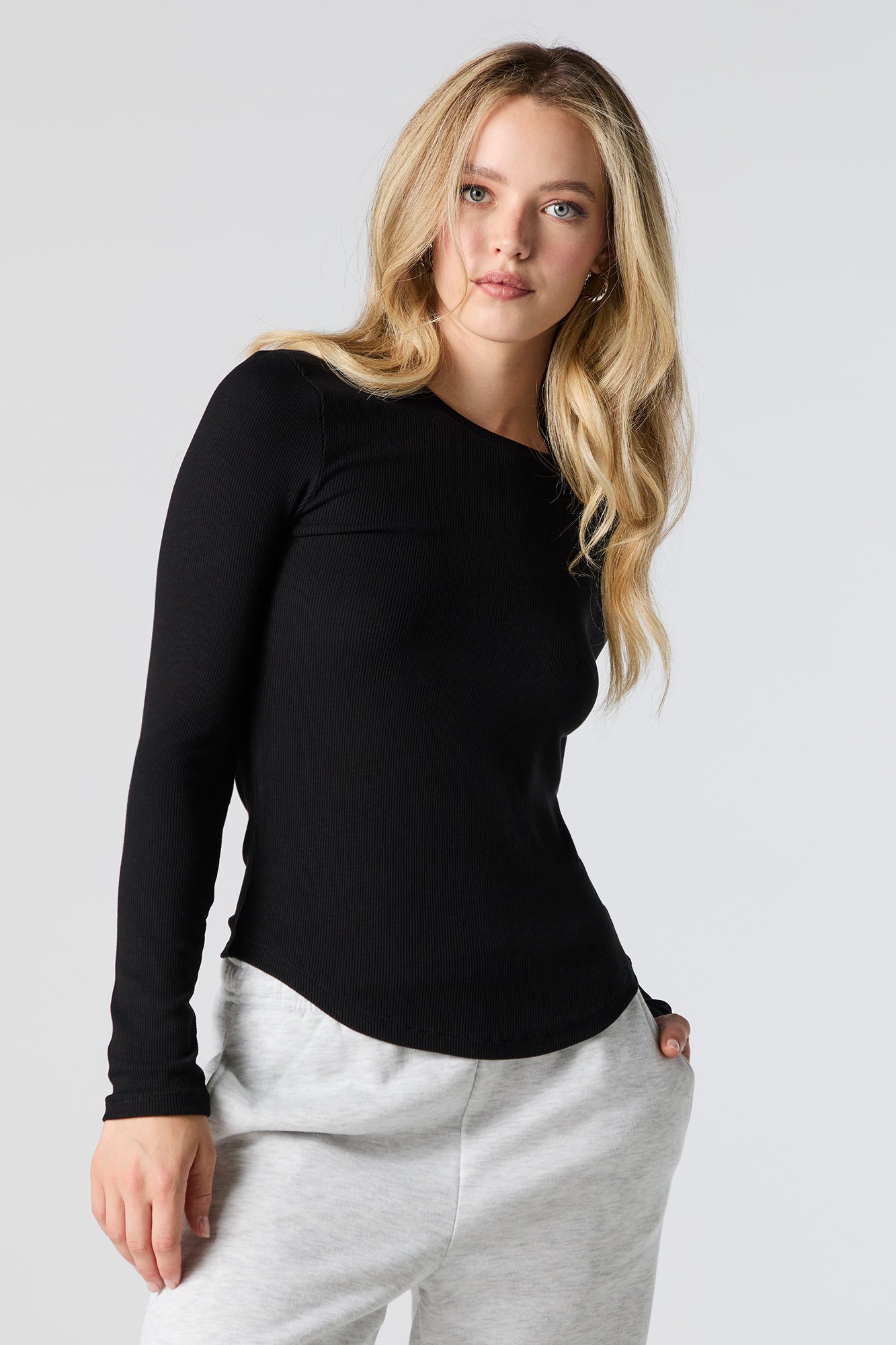 Ribbed Curved Hem Long Sleeve Top