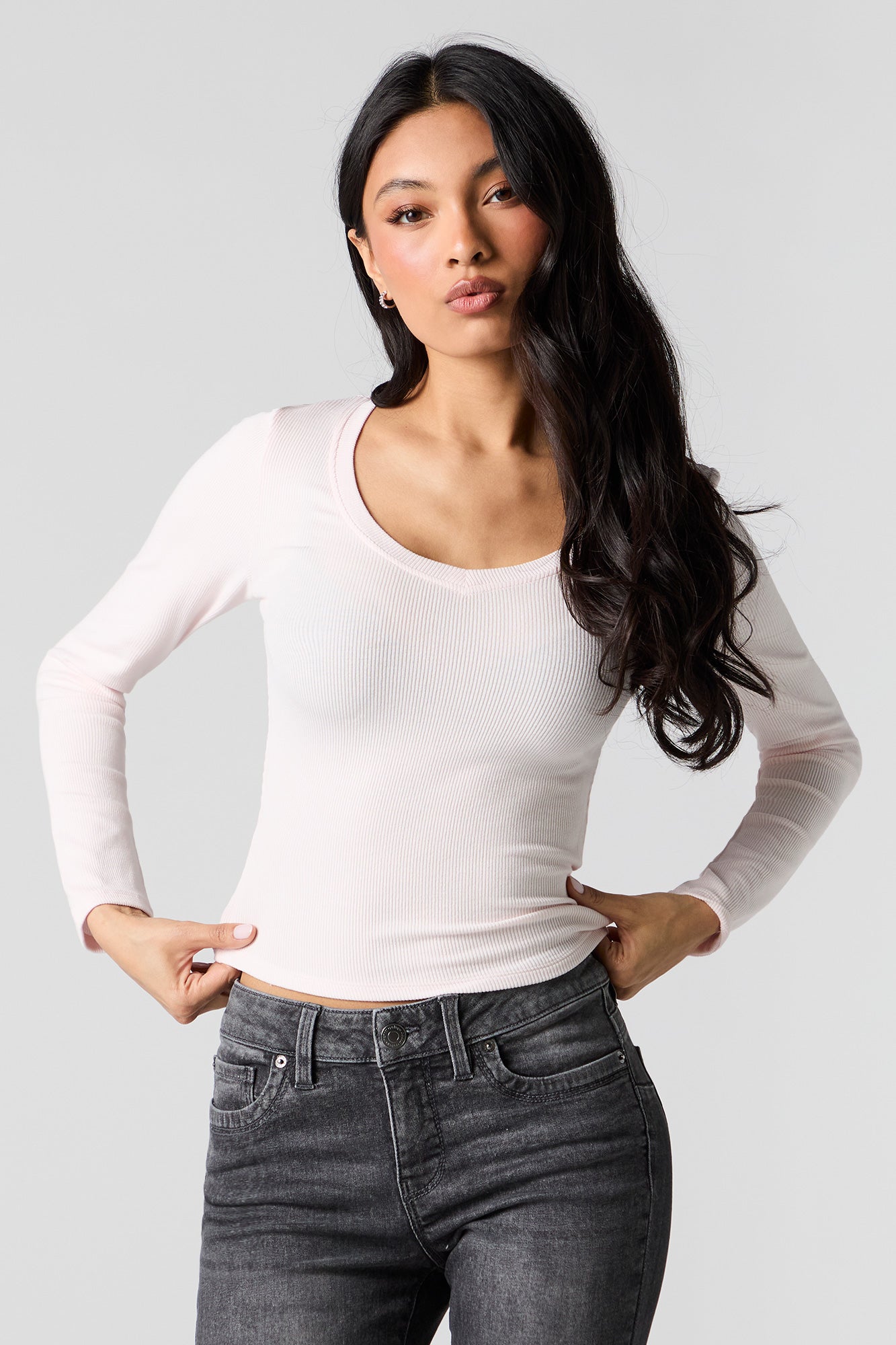 トップス BADBLOOD Rusty Denim V-Neck Long Sleeve Booraho Women Sexy Crop Top Long Sleeve Ribbed Solid Bodycon