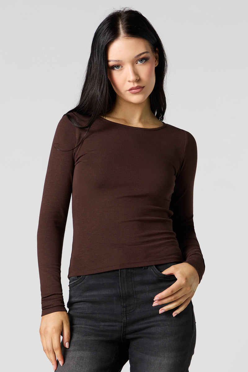Ribbed Boat Neck Long Sleeve Top